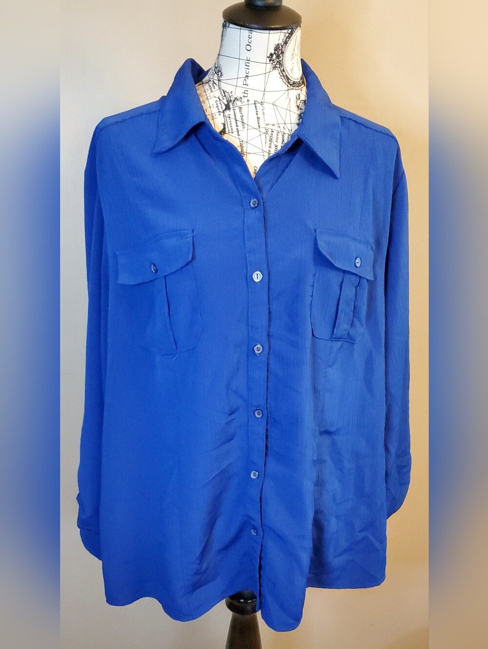 Notations Woman 3X Blue Button Front Blouse Roll Tab Sleeves Career Plus Size